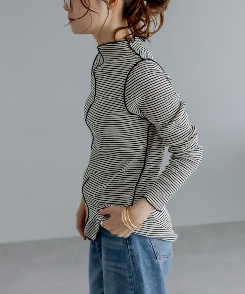 PUAL CE CIN(ピュアルセシン)の「プチハイネック テレコ染め分けボーダーアソートロンT(Tシャツ/カットソー・レディース・オフホワイト/ブラック系その他/ナチュラル/ベージュ系その他・FREE)」の14枚目の写真
