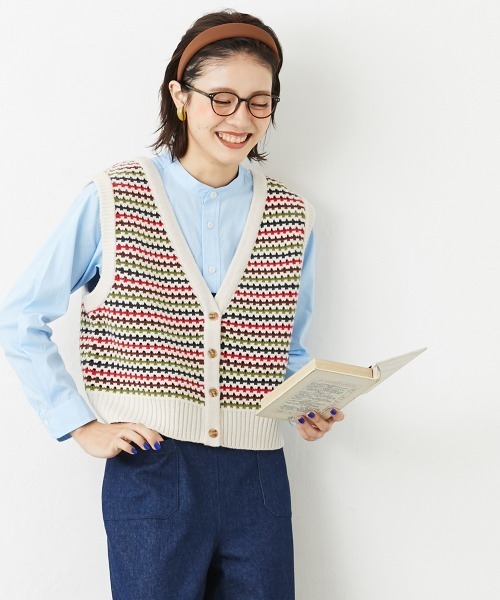 Le temps riche(ルタンリッシュ)の「2WAYマルチボーダージャガードニットベスト<Le temps riche>(ベスト・レディース・アイボリー/ネイビー・M/L)」の3枚目の写真