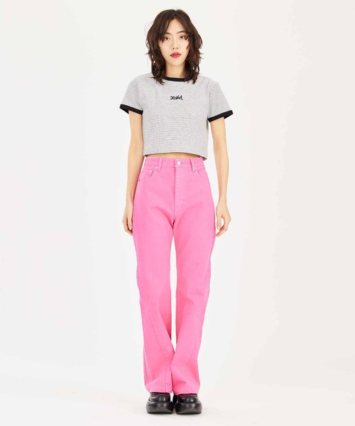 X-girl（エックスガール）の「MILLS LOGO S/S CROPPED TOP（Tシャツ/カットソー・レディース・ブラック/マルチ/ホワイト/グリーン・S/M）」の9枚目の写真