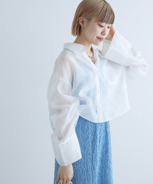 w closet（ダブルクローゼット）の「バックギャザーショート丈シアーシャツ（シャツ/ブラウス・レディース・ブルー/オフホワイト/ピンク・FREE）」の10枚目の写真