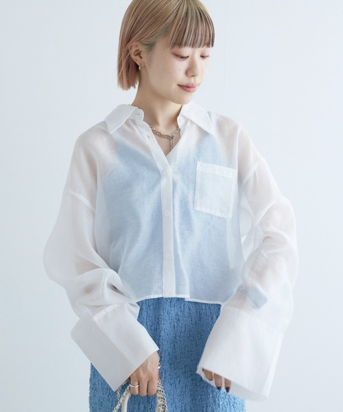 w closet（ダブルクローゼット）の「バックギャザーショート丈シアーシャツ（シャツ/ブラウス・レディース・ブルー/オフホワイト/ピンク・FREE）」の12枚目の写真