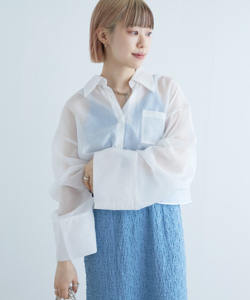 w closet（ダブルクローゼット）の「バックギャザーショート丈シアーシャツ（シャツ/ブラウス・レディース・ブルー/オフホワイト/ピンク・FREE）」の13枚目の写真