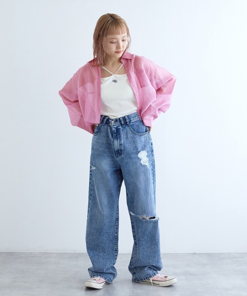 w closet（ダブルクローゼット）の「バックギャザーショート丈シアーシャツ（シャツ/ブラウス・レディース・ブルー/オフホワイト/ピンク・FREE）」の15枚目の写真