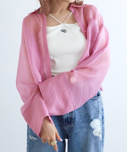 w closet（ダブルクローゼット）の「バックギャザーショート丈シアーシャツ（シャツ/ブラウス・レディース・ブルー/オフホワイト/ピンク・FREE）」の16枚目の写真