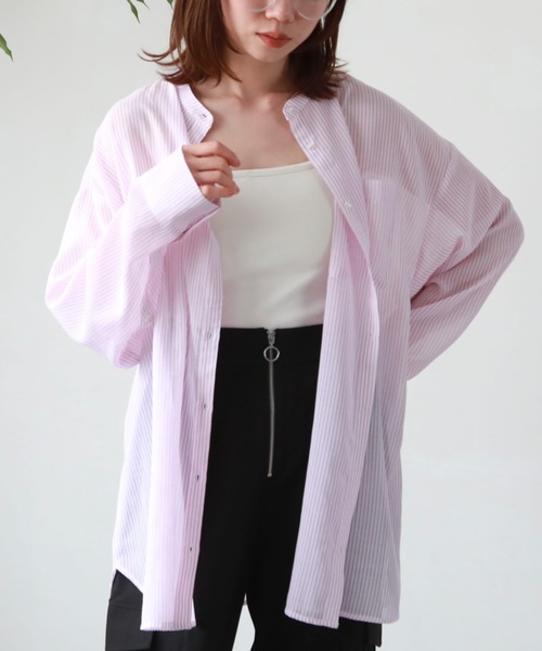 archives（アルシーヴ）の「シアーストライプシャツ（シャツ/ブラウス・レディース・グリーン/オレンジ/ネイビー/ピンク・MEDIUM）」の4枚目の写真