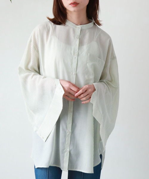 archives（アルシーヴ）の「シアーストライプシャツ（シャツ/ブラウス・レディース・グリーン/オレンジ/ネイビー/ピンク・MEDIUM）」の2枚目の写真