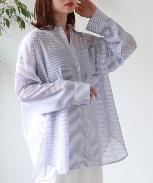 archives（アルシーヴ）の「シアーストライプシャツ（シャツ/ブラウス・レディース・グリーン/オレンジ/ネイビー/ピンク・MEDIUM）」の7枚目の写真