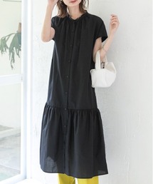 バンドカラー フレンチスリーブ ティアードワンピース