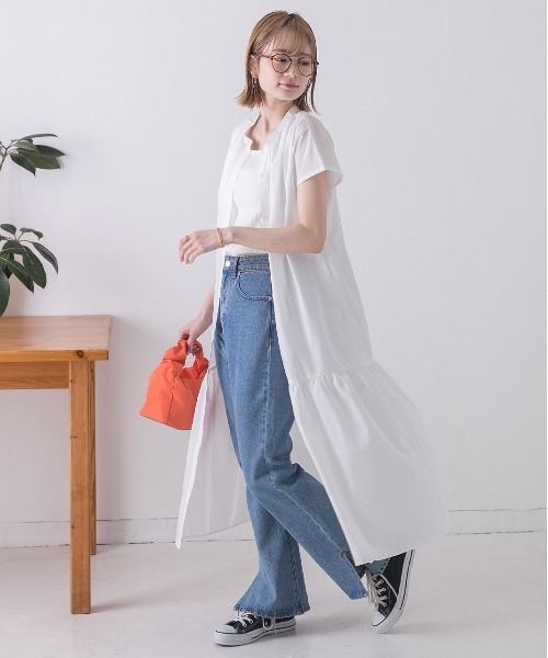 ad thie(アドティエ)の「バンドカラー フレンチスリーブ ティアードワンピース(シャツワンピース・レディース・ブラック/ベージュ/カーキ/オフホワイト・FREE)」の10枚目の写真