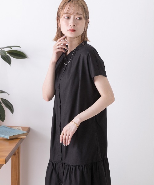 ad thie(アドティエ)の「バンドカラー フレンチスリーブ ティアードワンピース(シャツワンピース・レディース・ブラック/ベージュ/カーキ/オフホワイト・FREE)」の14枚目の写真