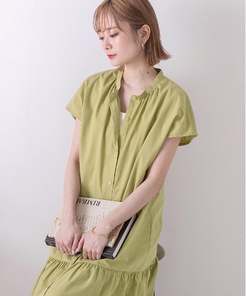 ad thie(アドティエ)の「バンドカラー フレンチスリーブ ティアードワンピース(シャツワンピース・レディース・ブラック/ベージュ/カーキ/オフホワイト・FREE)」の18枚目の写真