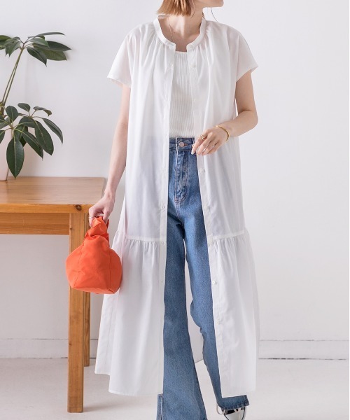 ad thie(アドティエ)の「バンドカラー フレンチスリーブ ティアードワンピース(シャツワンピース・レディース・ブラック/ベージュ/カーキ/オフホワイト・FREE)」の20枚目の写真