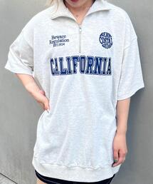 ハーフZIPカレッジロゴミニスウェット半袖チュニック
