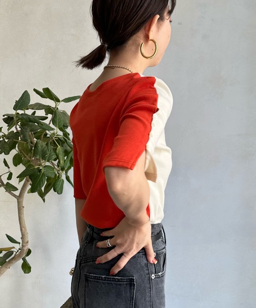 DouDou（ドゥドゥ）の「【WEB限定】5分袖バイカラー2WAYリブTEE（Tシャツ/カットソー・レディース・ブラック/オレンジ/ブルー・FREE）」の2枚目の写真