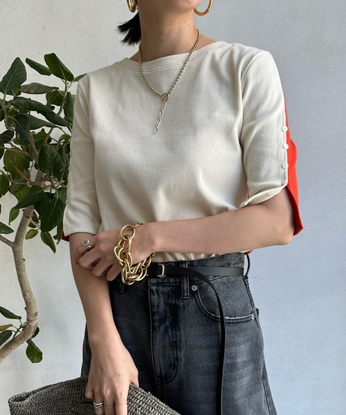 DouDou（ドゥドゥ）の「【WEB限定】5分袖バイカラー2WAYリブTEE（Tシャツ/カットソー・レディース・ブラック/オレンジ/ブルー・FREE）」の10枚目の写真