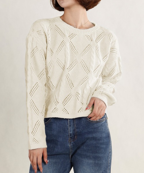 Mayree(メイリー)の「【AURORIA】ケーブル透かし編みニットプルオーバー(ニット/セーター・レディース・オフホワイト/ブルー/ピンク・FREE)」の2枚目の写真