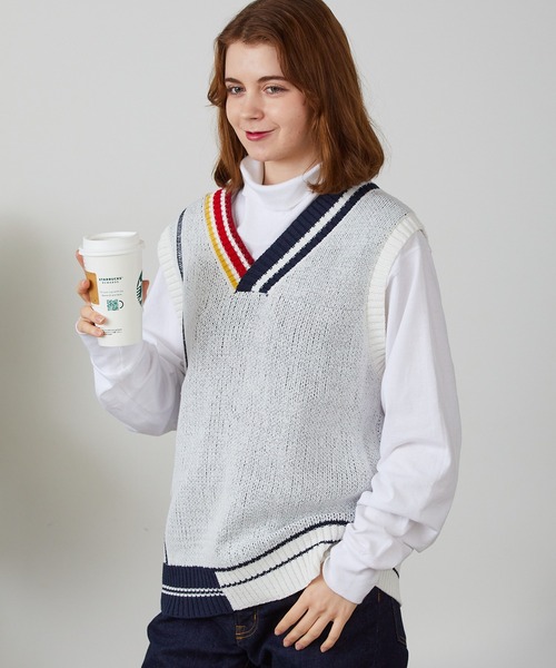 ALL RUNS(オールランズ)の「▲DESIGN V-NECK VEST/デザインVネックベスト(ベスト・メンズ・ホワイト/ブラック・M/XL/L)」の1枚目の写真