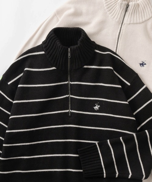 BEVERLY HILLS POLO CLUB（ビバリーヒルズポロクラブ）の「【BEVERLY HILLS POLO CLUB/ビバリーヒルズポロクラブ】ブランドワンポイントロゴ刺繍  デザイン ハーフジップ ニット/オーバーサイズ（ニット/セーター・レディース・ブラック×ホワイト/グレー/ブラック/アイボリー/ネイビー/ベージュ/ホワイト×ネイビー・M/L/XL）」の5枚目の写真