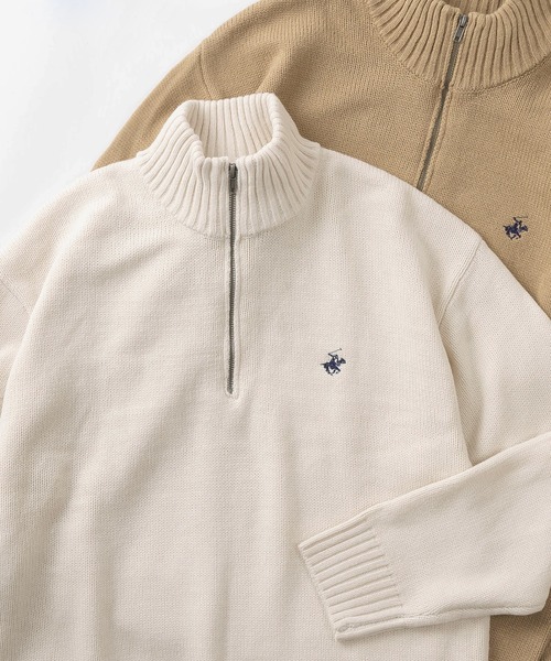 BEVERLY HILLS POLO CLUB（ビバリーヒルズポロクラブ）の「【BEVERLY HILLS POLO CLUB/ビバリーヒルズポロクラブ】ブランドワンポイントロゴ刺繍  デザイン ハーフジップ ニット/オーバーサイズ（ニット/セーター・レディース・ブラック×ホワイト/グレー/ブラック/アイボリー/ネイビー/ベージュ/ホワイト×ネイビー・M/L/XL）」の2枚目の写真