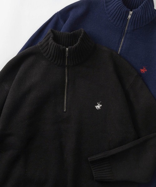 BEVERLY HILLS POLO CLUB（ビバリーヒルズポロクラブ）の「【BEVERLY HILLS POLO CLUB/ビバリーヒルズポロクラブ】ブランドワンポイントロゴ刺繍  デザイン ハーフジップ ニット/オーバーサイズ（ニット/セーター・レディース・ブラック×ホワイト/グレー/ブラック/アイボリー/ネイビー/ベージュ/ホワイト×ネイビー・M/L/XL）」の4枚目の写真