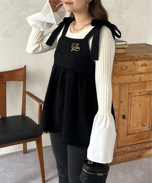 prose verse(プロズヴェール)の「肩リボンツイードペプラムビスチェ(キャミソール・レディース・ブラック・MEDIUM)」の1枚目の写真