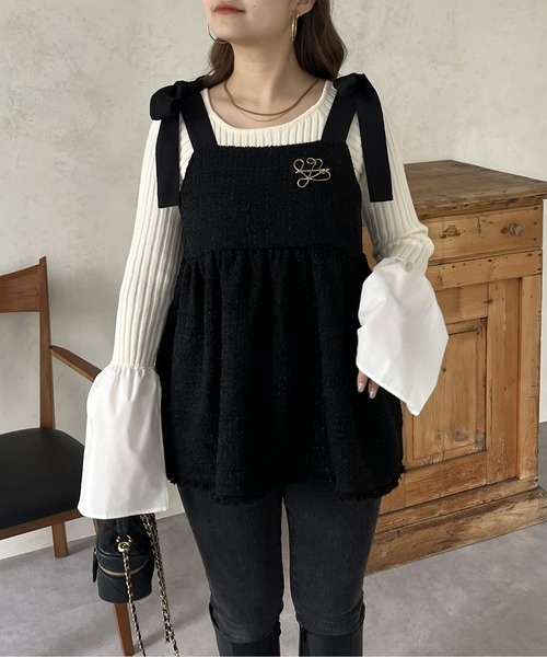 prose verse(プロズヴェール)の「肩リボンツイードペプラムビスチェ(キャミソール・レディース・ブラック・MEDIUM)」の2枚目の写真