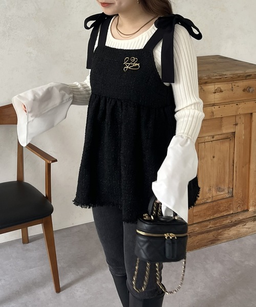 prose verse(プロズヴェール)の「肩リボンツイードペプラムビスチェ(キャミソール・レディース・ブラック・MEDIUM)」の4枚目の写真