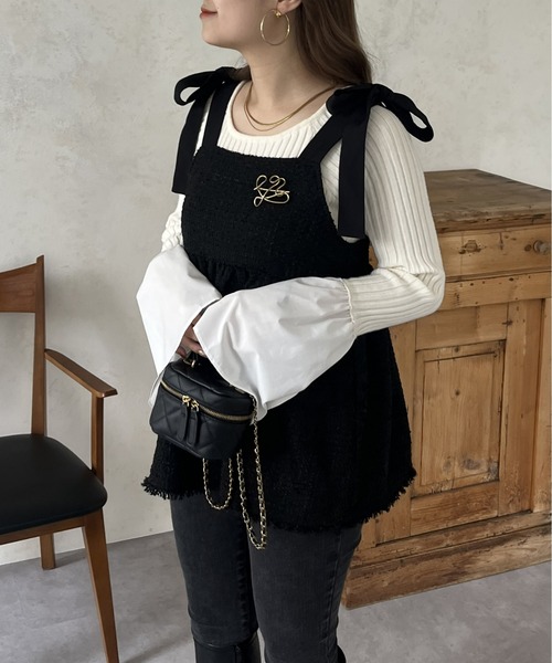 prose verse(プロズヴェール)の「肩リボンツイードペプラムビスチェ(キャミソール・レディース・ブラック・MEDIUM)」の6枚目の写真