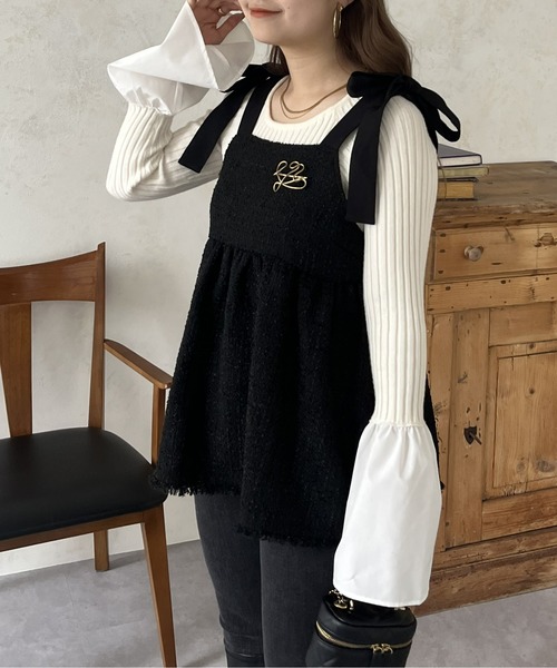 prose verse(プロズヴェール)の「肩リボンツイードペプラムビスチェ(キャミソール・レディース・ブラック・MEDIUM)」の7枚目の写真