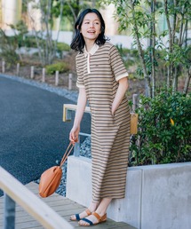 S41:新品❣️ ボーダー柄ワンピースニット チュール付き ベージュ サイズ42