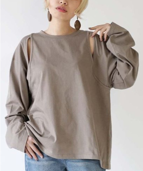 e-zakkamania stores(イーザッカマニアストアーズ)の「肩スリットデザイン ロングTシャツ(Tシャツ/カットソー・レディース・グレイッシュベージュ/ブラック・フリー)」の8枚目の写真