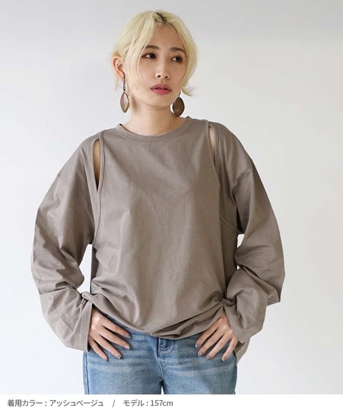 e-zakkamania stores(イーザッカマニアストアーズ)の「肩スリットデザイン ロングTシャツ(Tシャツ/カットソー・レディース・グレイッシュベージュ/ブラック・フリー)」の9枚目の写真