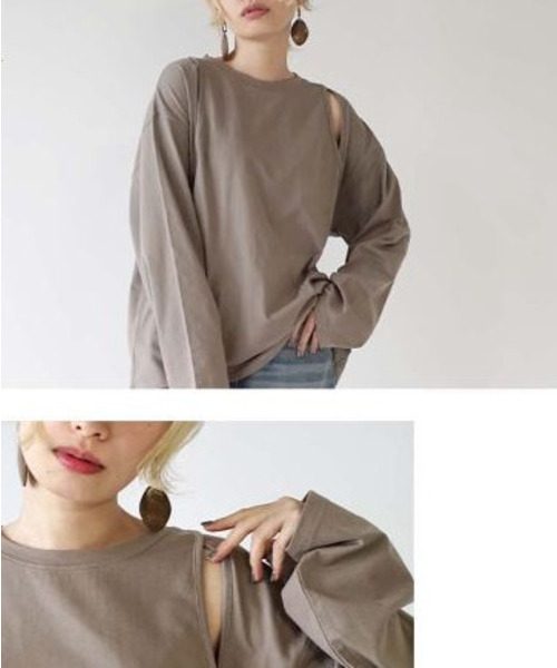 e-zakkamania stores(イーザッカマニアストアーズ)の「肩スリットデザイン ロングTシャツ(Tシャツ/カットソー・レディース・グレイッシュベージュ/ブラック・フリー)」の10枚目の写真