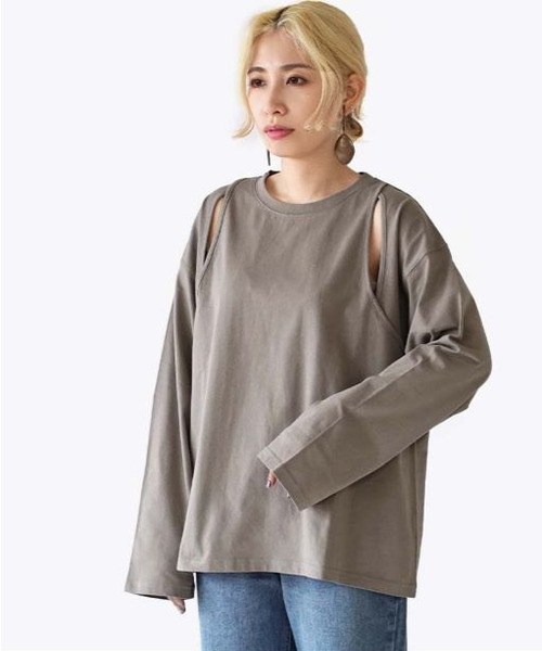e-zakkamania stores(イーザッカマニアストアーズ)の「肩スリットデザイン ロングTシャツ(Tシャツ/カットソー・レディース・グレイッシュベージュ/ブラック・フリー)」の18枚目の写真