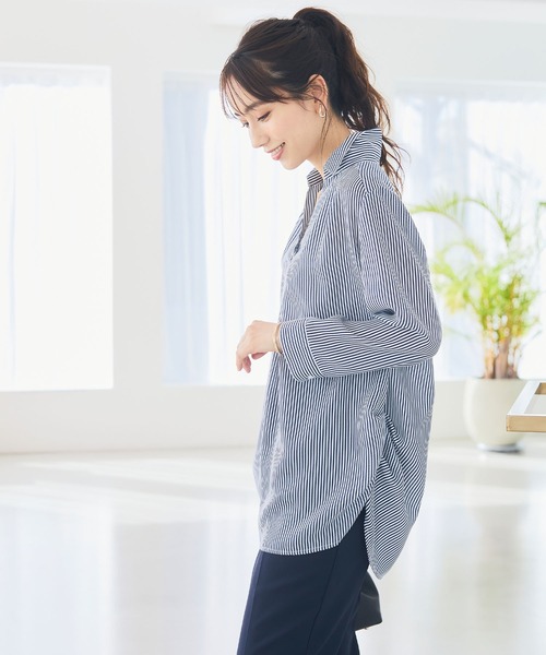 CROSS FUNCTION(クロスファンクション)の「《シワになりにくい・洗える》エアーツイルタックプルオーバーシャツ【CF/クロスファンクション】(シャツ/ブラウス・レディース・サックスブルー/クリーム/ブルー/ネイビー×ホワイト/ネイビー・M/L/LL)」の15枚目の写真