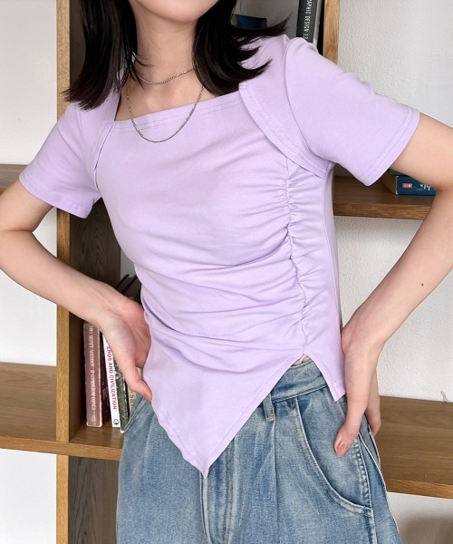 Rejoule(リジュール)の「スクエアネックギャザークロップドトップス(Tシャツ/カットソー・レディース・クリーム/ブルー/ブラック/パープル/グリーン・FREE)」の5枚目の写真