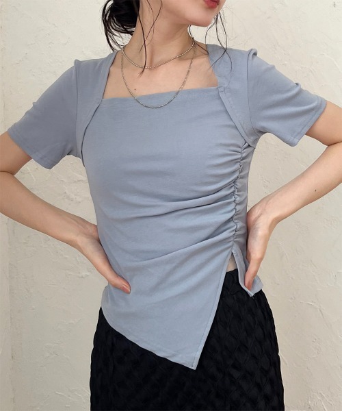 Rejoule(リジュール)の「スクエアネックギャザークロップドトップス(Tシャツ/カットソー・レディース・クリーム/ブルー/ブラック/パープル/グリーン・FREE)」の4枚目の写真