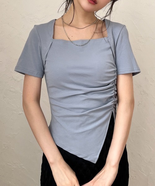 Rejoule(リジュール)の「スクエアネックギャザークロップドトップス(Tシャツ/カットソー・レディース・クリーム/ブルー/ブラック/パープル/グリーン・FREE)」の15枚目の写真
