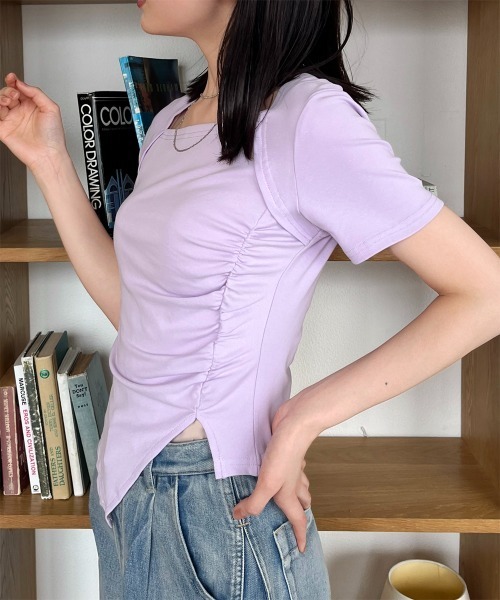 Rejoule(リジュール)の「スクエアネックギャザークロップドトップス(Tシャツ/カットソー・レディース・クリーム/ブルー/ブラック/パープル/グリーン・FREE)」の20枚目の写真