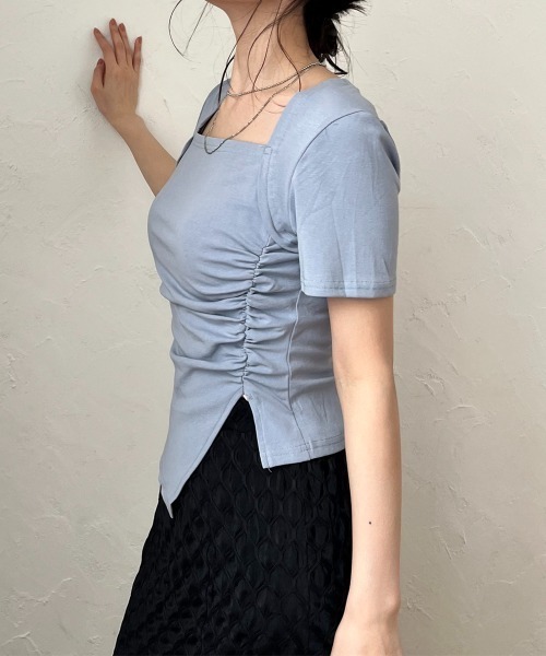 Rejoule(リジュール)の「スクエアネックギャザークロップドトップス(Tシャツ/カットソー・レディース・クリーム/ブルー/ブラック/パープル/グリーン・FREE)」の17枚目の写真