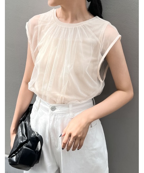 Re:EDIT(リエディ)の「レイヤードチュールタンクトップ(タンクトップ・レディース・アイボリー/ブラック・LARGE/MEDIUM)」の2枚目の写真