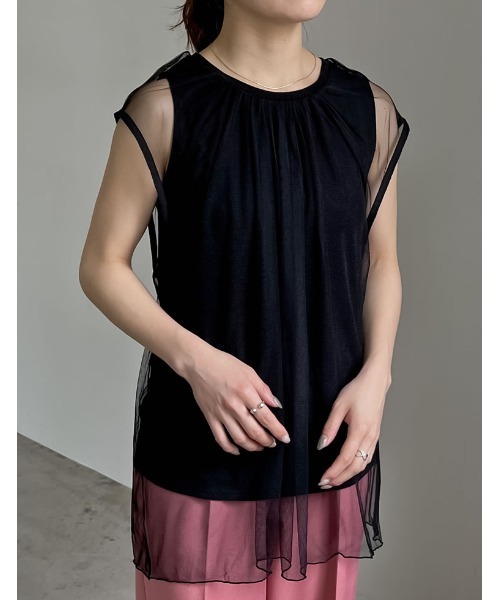 Re:EDIT(リエディ)の「レイヤードチュールタンクトップ(タンクトップ・レディース・アイボリー/ブラック・LARGE/MEDIUM)」の4枚目の写真