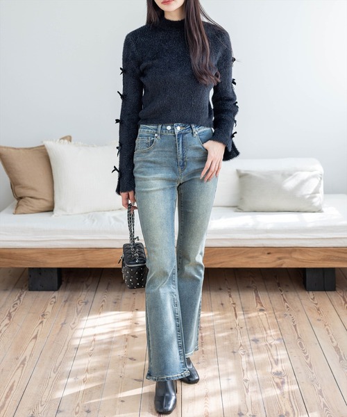 セール】【5色展開/低身長サイズあり】ミドルライズフレアデニムパンツ