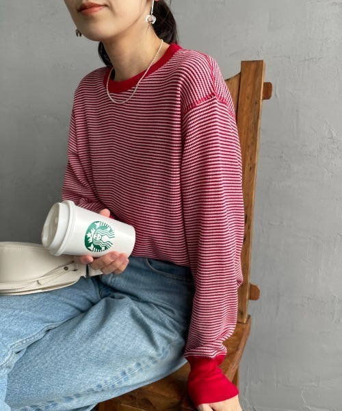 Healthknit（ヘルスニット）の「[HEALTHKNIT/ヘルスニット] 別注 クルーネック ワッフルボーダーTシャツ（Tシャツ/カットソー・レディース・ブルー/ホワイト/ブラック系/レッド/ブラック・F）」の5枚目の写真