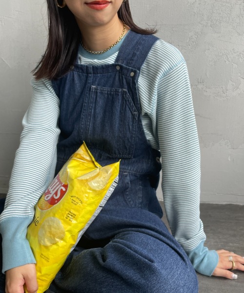 Healthknit（ヘルスニット）の「[HEALTHKNIT/ヘルスニット] 別注 クルーネック ワッフルボーダーTシャツ（Tシャツ/カットソー・レディース・ブルー/ホワイト/ブラック系/レッド/ブラック・F）」の4枚目の写真