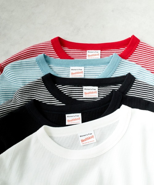 Healthknit（ヘルスニット）の「[HEALTHKNIT/ヘルスニット] 別注 クルーネック ワッフルボーダーTシャツ（Tシャツ/カットソー・レディース・ブルー/ホワイト/ブラック系/レッド/ブラック・F）」の11枚目の写真