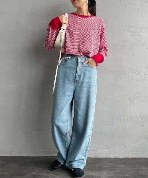 Healthknit（ヘルスニット）の「[HEALTHKNIT/ヘルスニット] 別注 クルーネック ワッフルボーダーTシャツ（Tシャツ/カットソー・レディース・ブルー/ホワイト/ブラック系/レッド/ブラック・F）」の10枚目の写真