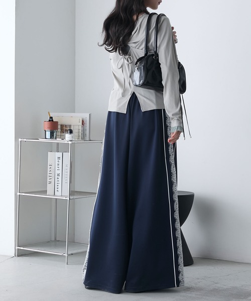 forksy.】レースシアーラインワイドトラックパンツ/ジャージ forksy