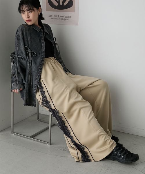 forksy.】レースシアーラインワイドトラックパンツ/ジャージ