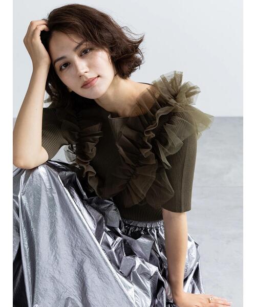 Te chichi（テチチ）の「チュールフリルリブニット（ニット/セーター・レディース・ブラック/グレー/カーキ・F）」の3枚目の写真
